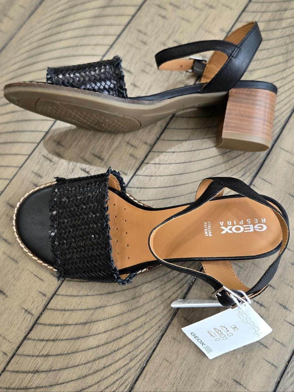 Geox Black Woven Leather Block Heel Sandals